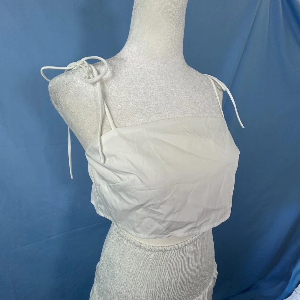 Commense Shirred Waist Split Thigh Skirt Set Womens XS White Stretch Relaxed Fit